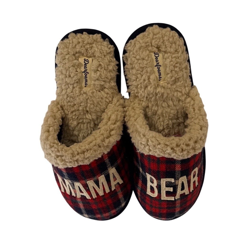 Dearfoams Hygge Mama Bear Plaid Clog Slippers Red Navy Memory Foam Women 9-10 L